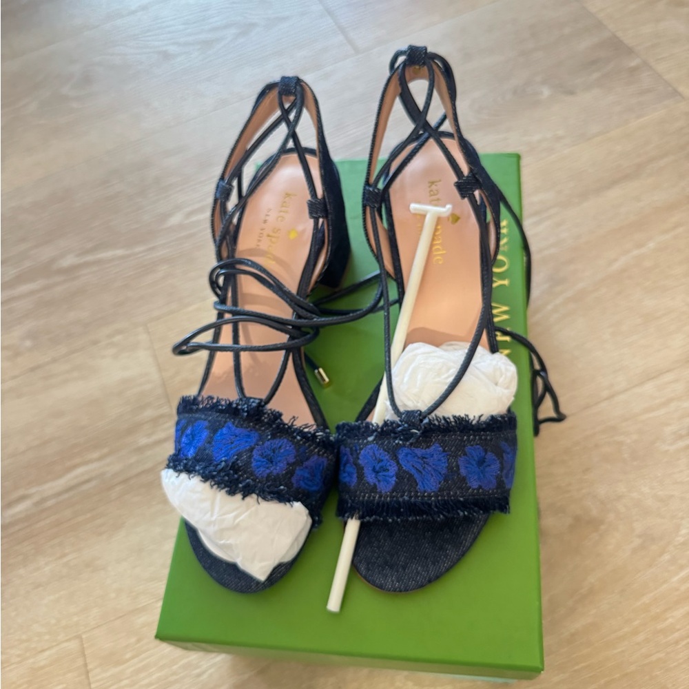 Kate Spade New York Indigo Embroidered Denim Lace Up Block Heel Sandals 6.5 New